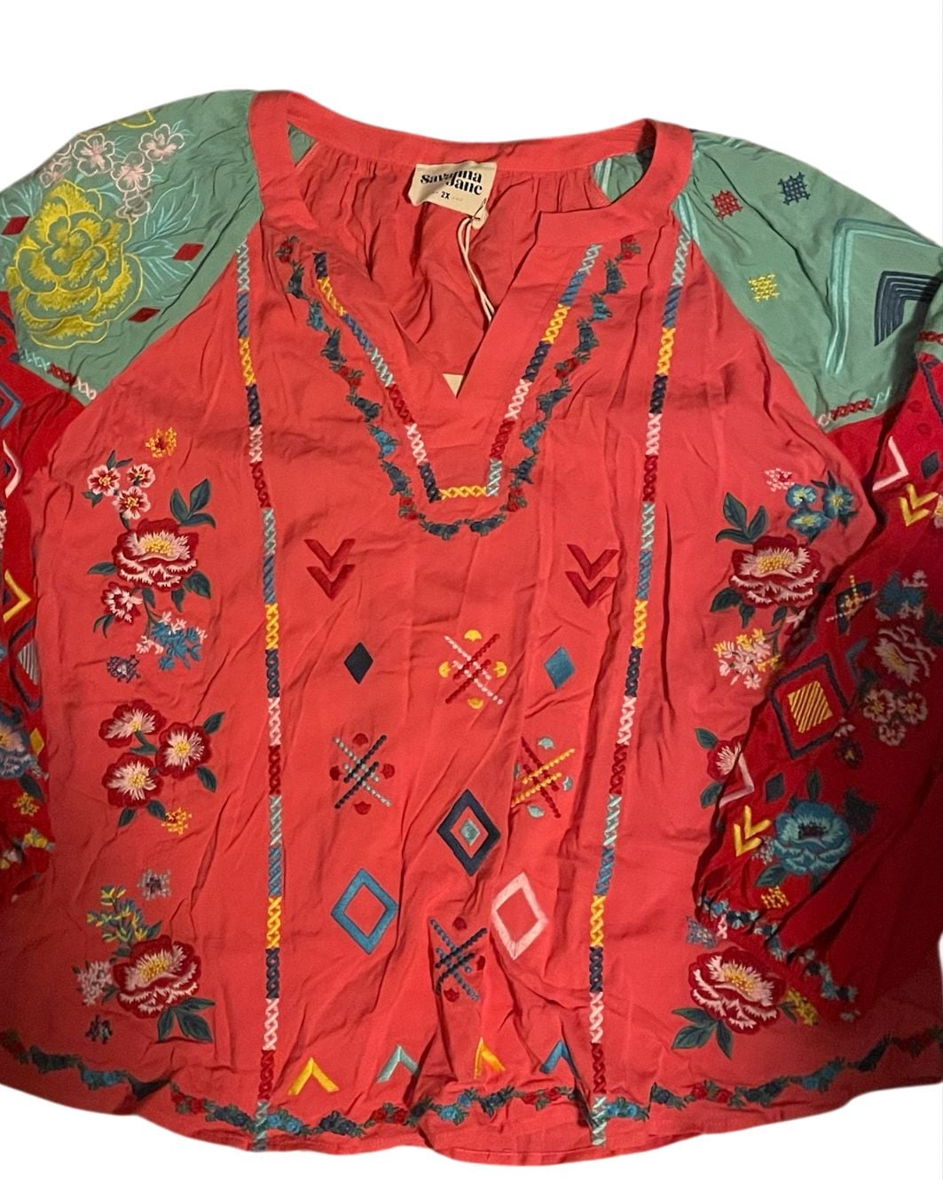 Savanna Jane Coral Mixed Floral Embroidered Boho Peasant Top 4