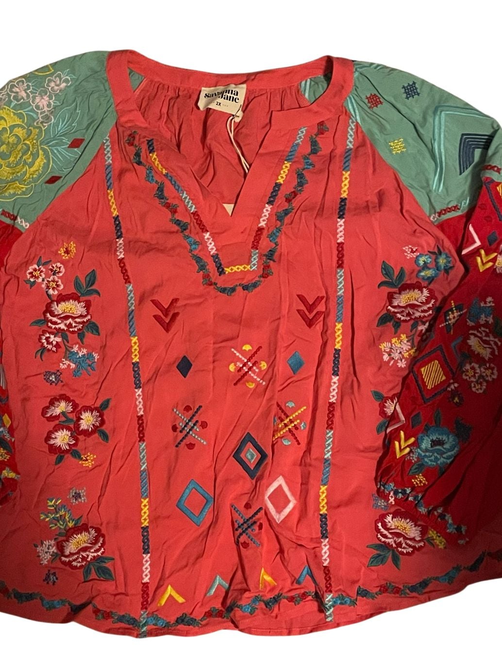 Savanna Jane Coral Mixed Floral Embroidered Boho Peasant Top 6