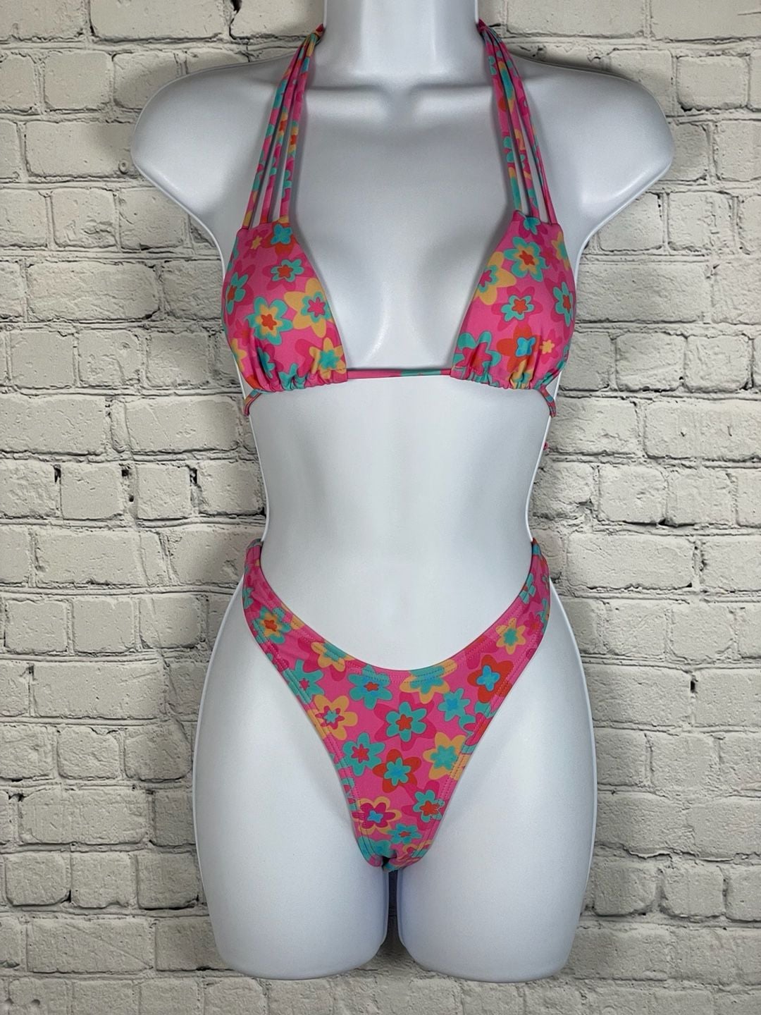 Ron Jon Surf Shop 90s Inspired Pink Floral Triangle Bikini Set Sz S 1
