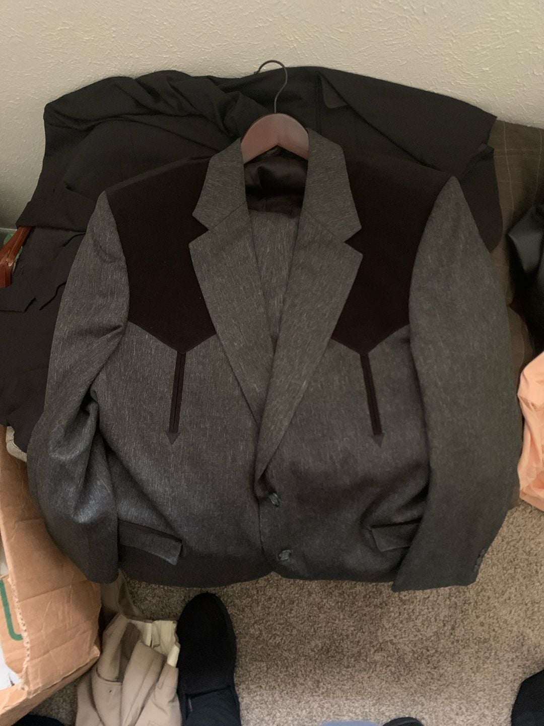 Circle S Grey Western Suit Jacket and Slacks Set with Black Suede Yoke 1