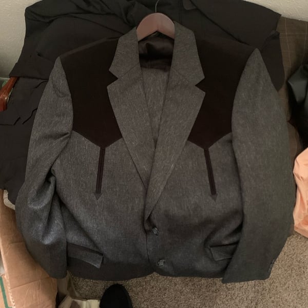 Circle S Grey Western Suit Jacket and Slacks Set with Black Suede Yoke