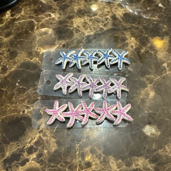 Set of 15 Rhinestone Starfish Hair Clips in Blue Purple and Pink