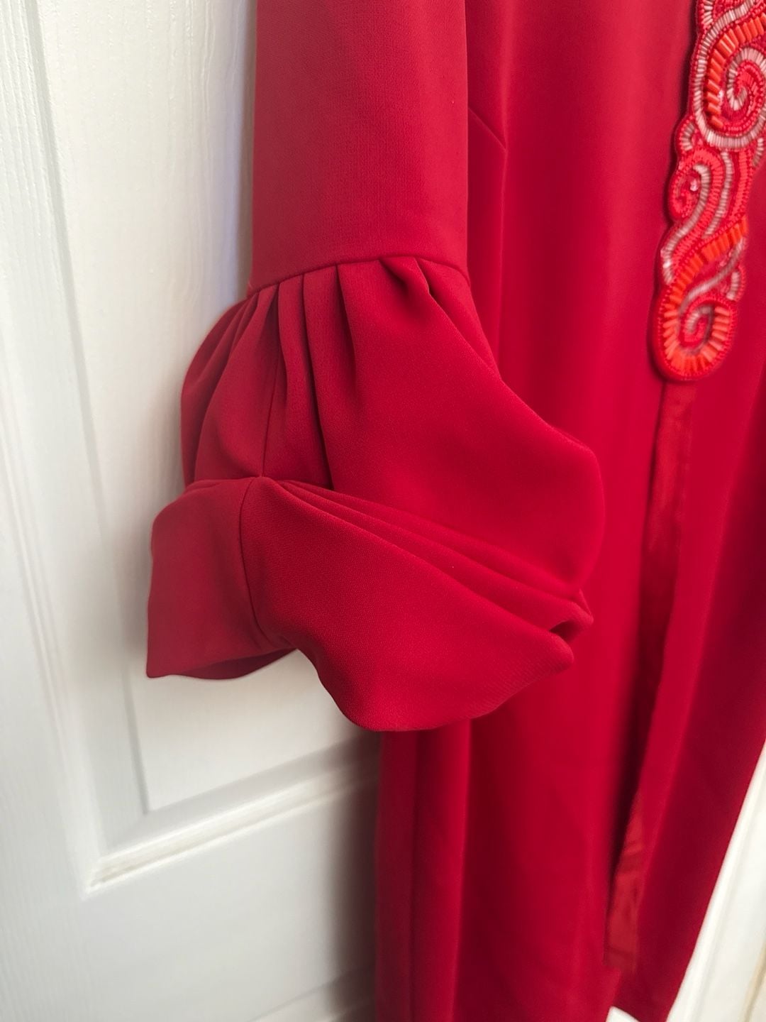 Andrew Gn Red Embellished Puff Sleeve Midi Dress with Beaded Belt Detail Size 42 US L 10 7