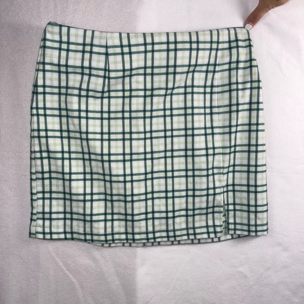 Wild Fable Green and White Plaid Mini Skirt with Side Slit Size 14