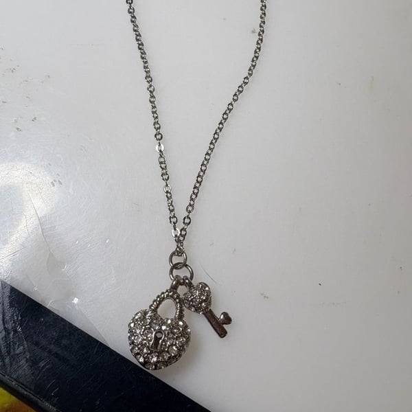 Rhinestone Heart Lock and Key Charm Necklace