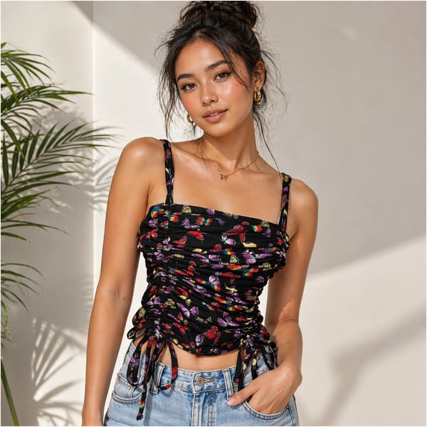 No Boundaries Butterfly Ruched Tank Top Black Y2K Tie Side Women L