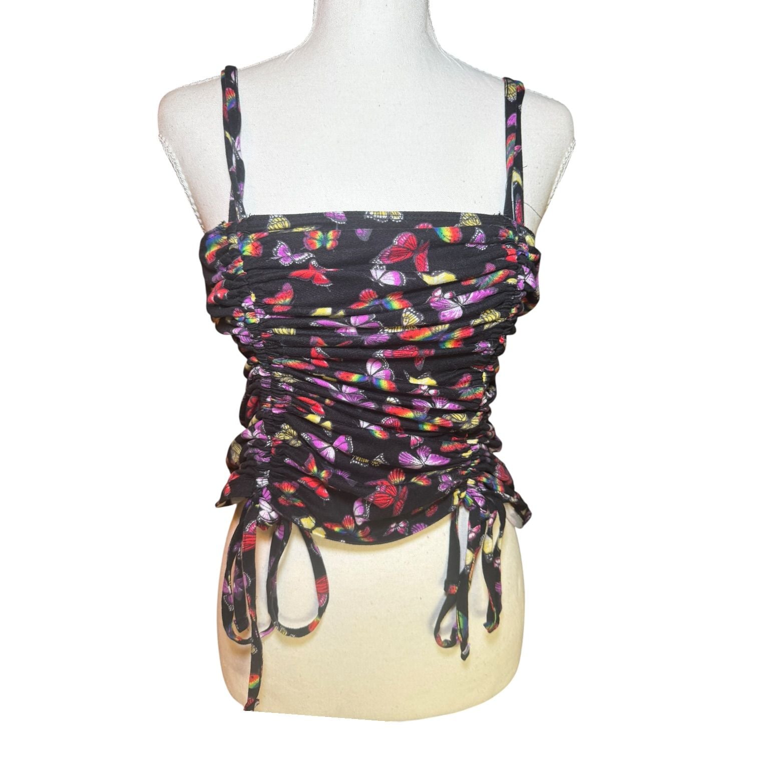 No Boundaries Butterfly Ruched Tank Top Black Y2K Tie Side Women L 3