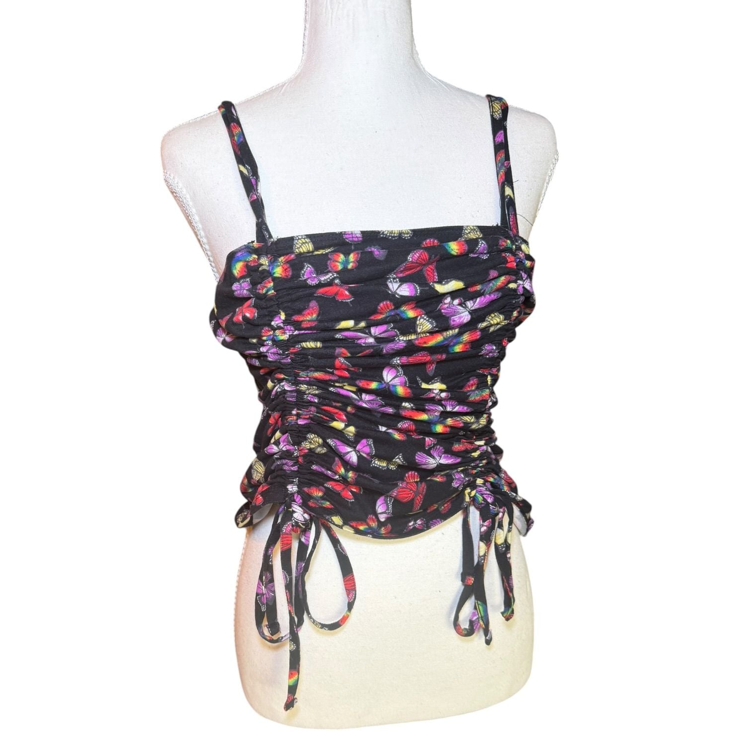 No Boundaries Butterfly Ruched Tank Top Black Y2K Tie Side Women L 4