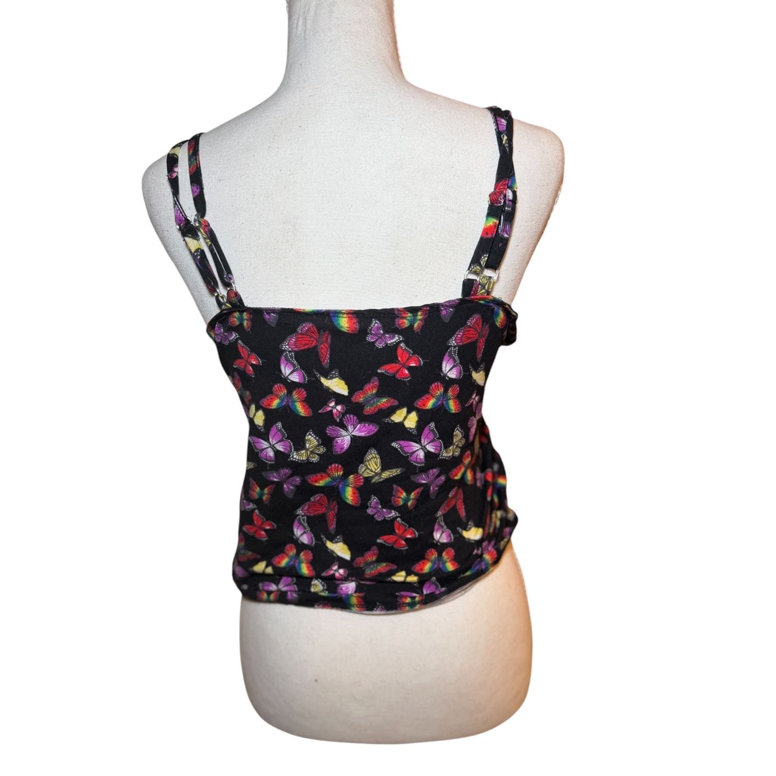 No Boundaries Butterfly Ruched Tank Top Black Y2K Tie Side Women L 5