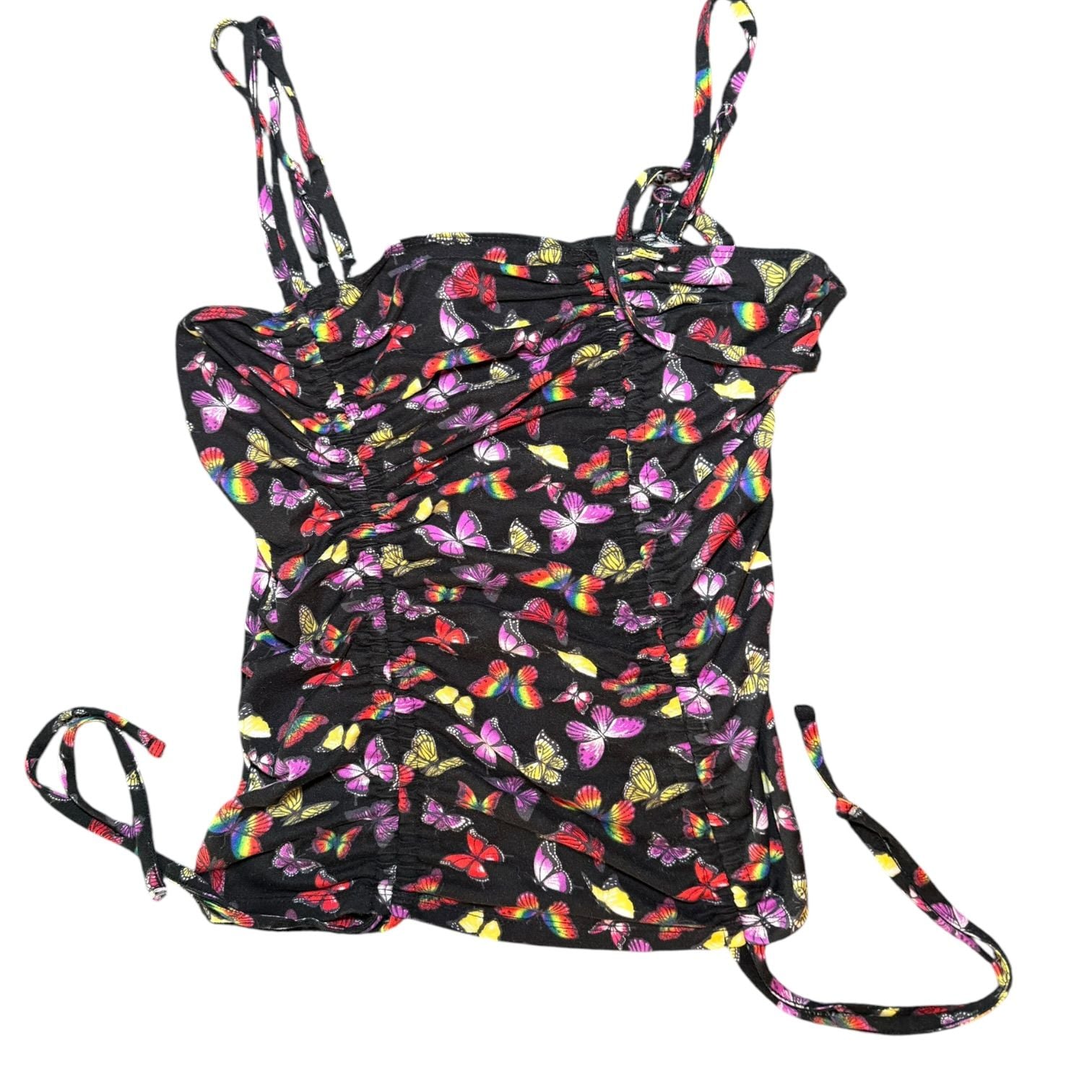No Boundaries Butterfly Ruched Tank Top Black Y2K Tie Side Women L 6