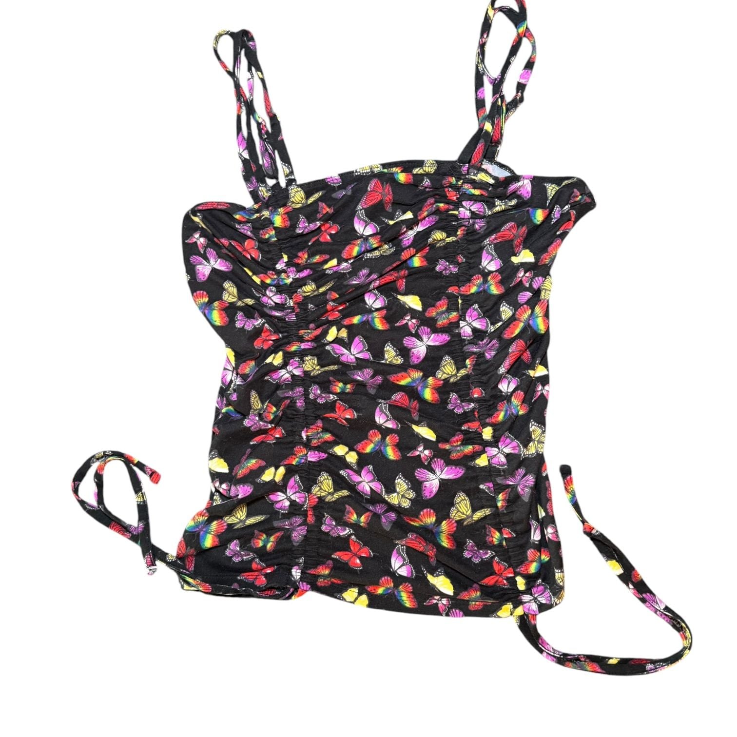 No Boundaries Butterfly Ruched Tank Top Black Y2K Tie Side Women L 7
