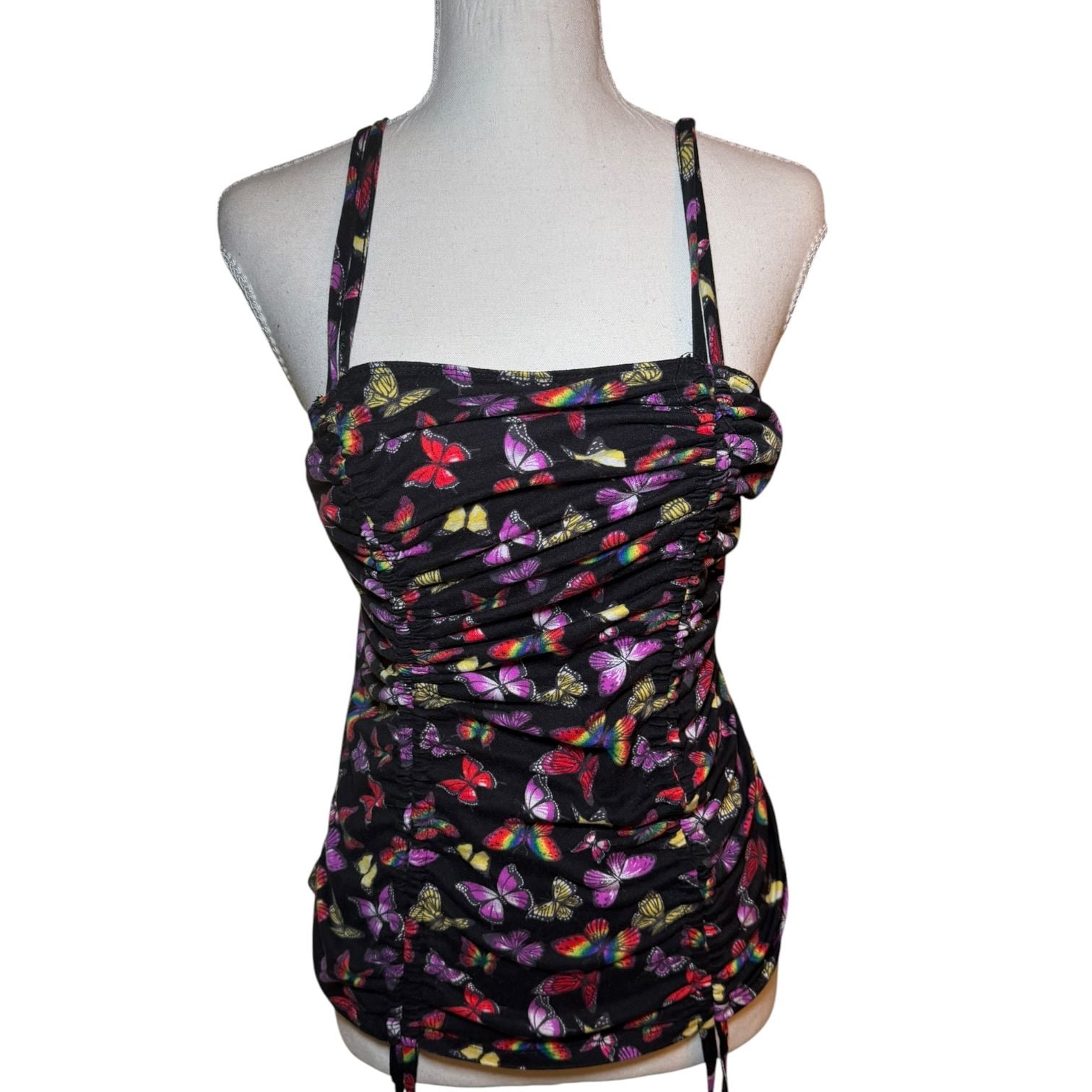 No Boundaries Butterfly Ruched Tank Top Black Y2K Tie Side Women L 9