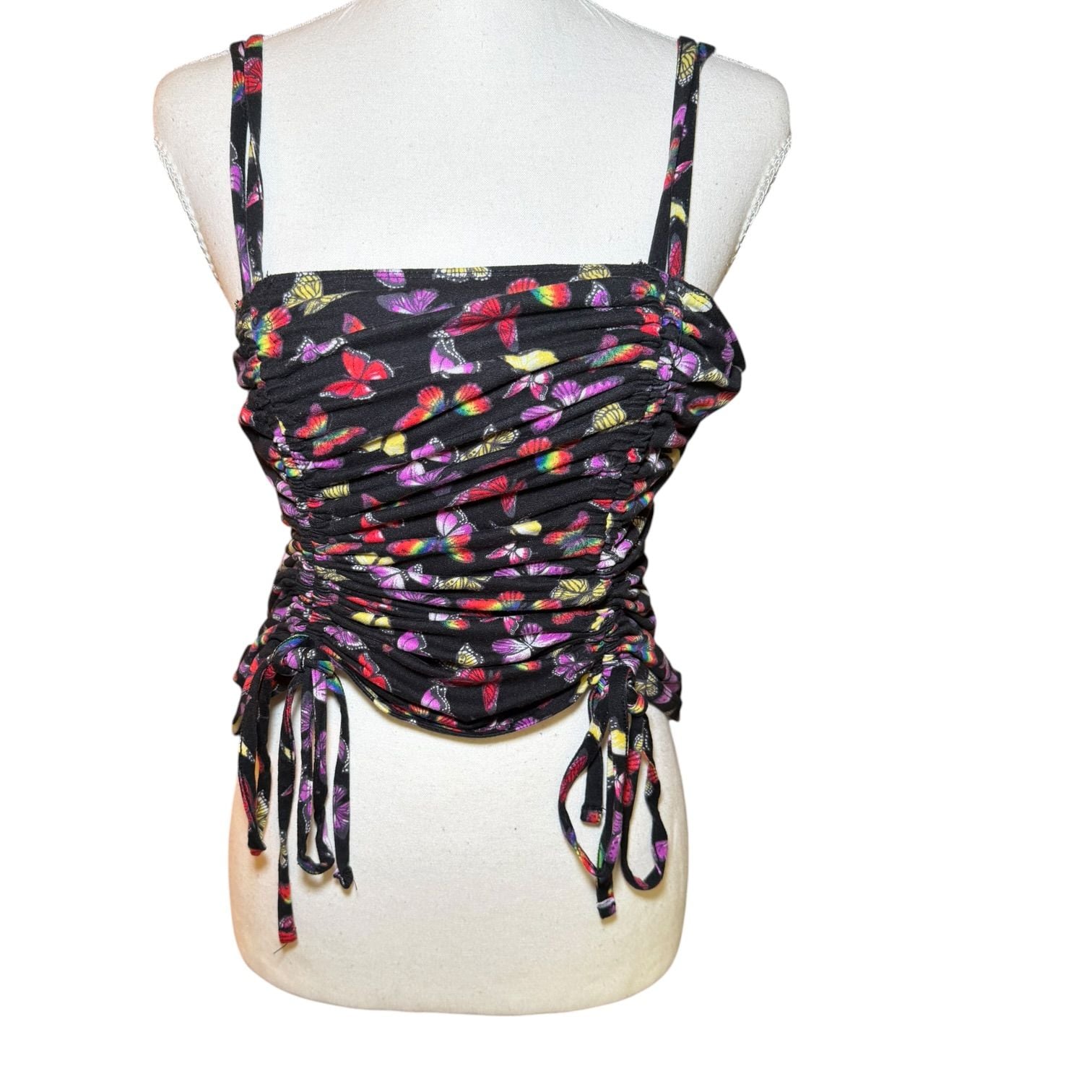 No Boundaries Butterfly Ruched Tank Top Black Y2K Tie Side Women L 11