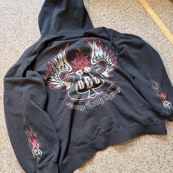 Thrashed Vintage Orange County Choppers Winged Dice Graphic Hoodie Black Size L