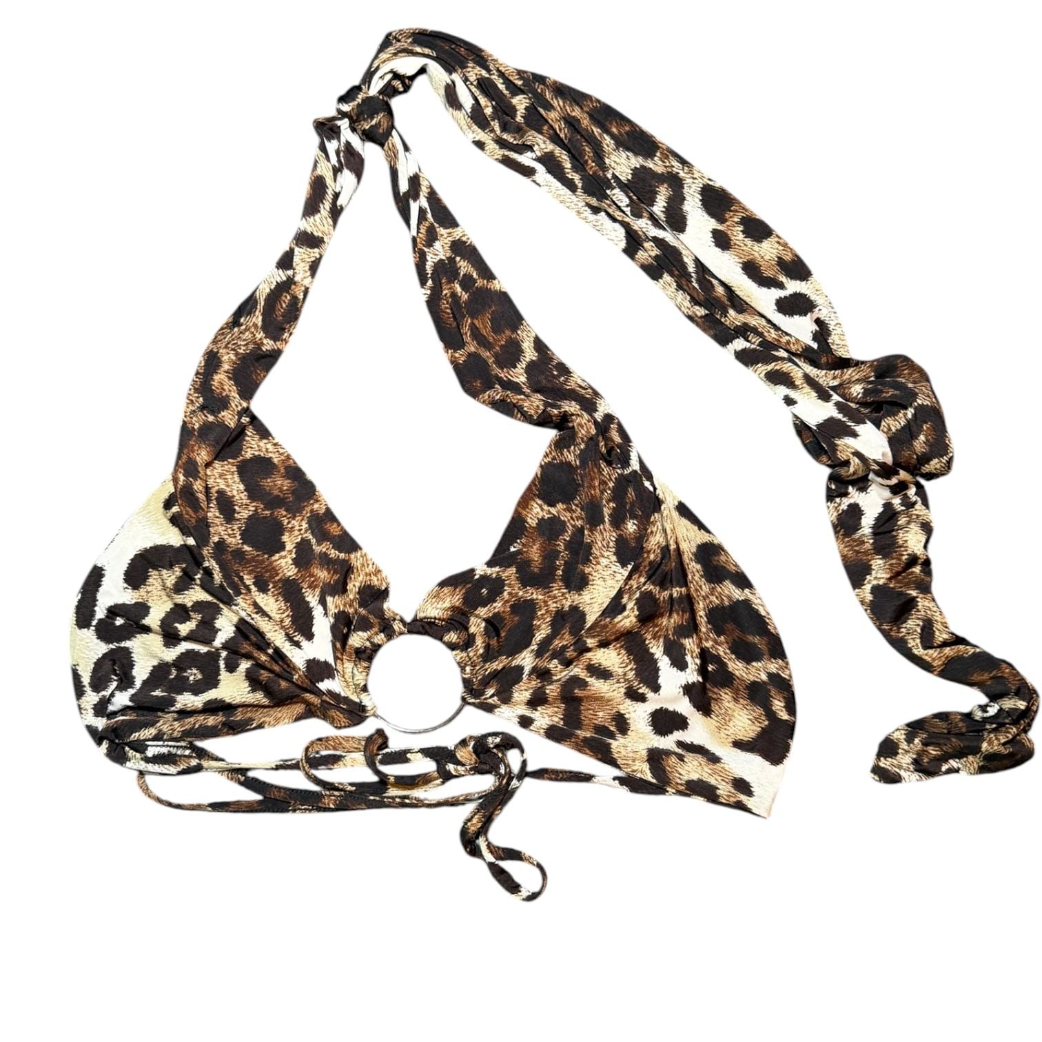 Leopard Print Halter Bikini Top O Ring Double Lined Adjustable Tie Back 7