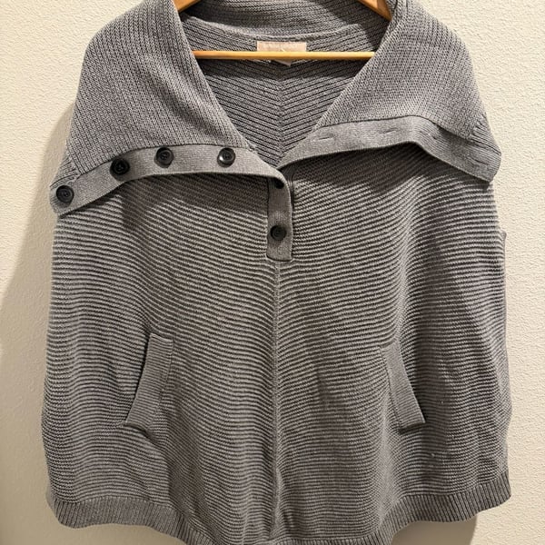 Banana Republic Grey Ribbed Knit Buttoned Poncho Cape Sweater