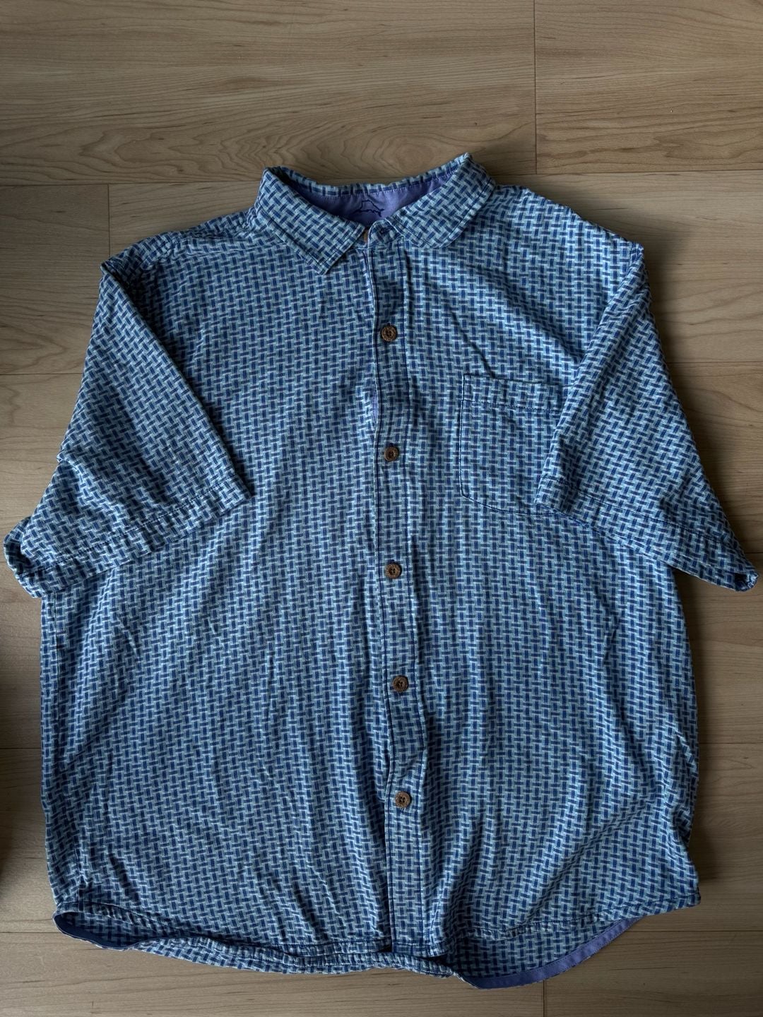 Tommy Bahama Blue Basketweave Geometric Print Silk Blend Short Sleeve Button Down Shirt 3