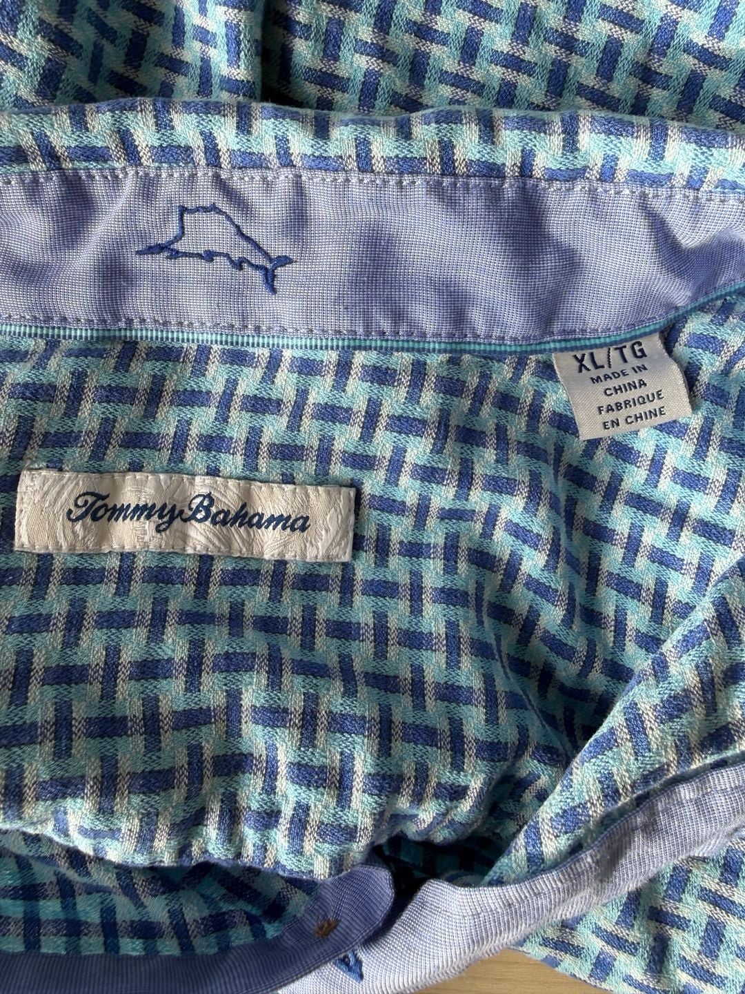 Tommy Bahama Blue Basketweave Geometric Print Silk Blend Short Sleeve Button Down Shirt 5