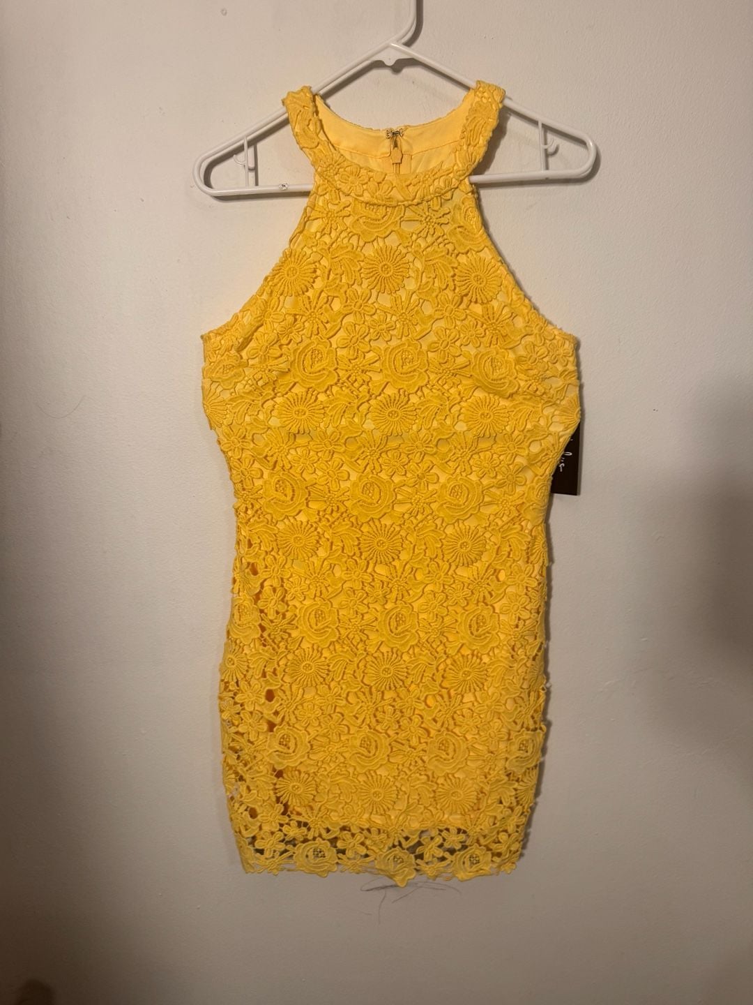 Lulus Yellow Crochet Lace Halter Bodycon Mini Dress 3