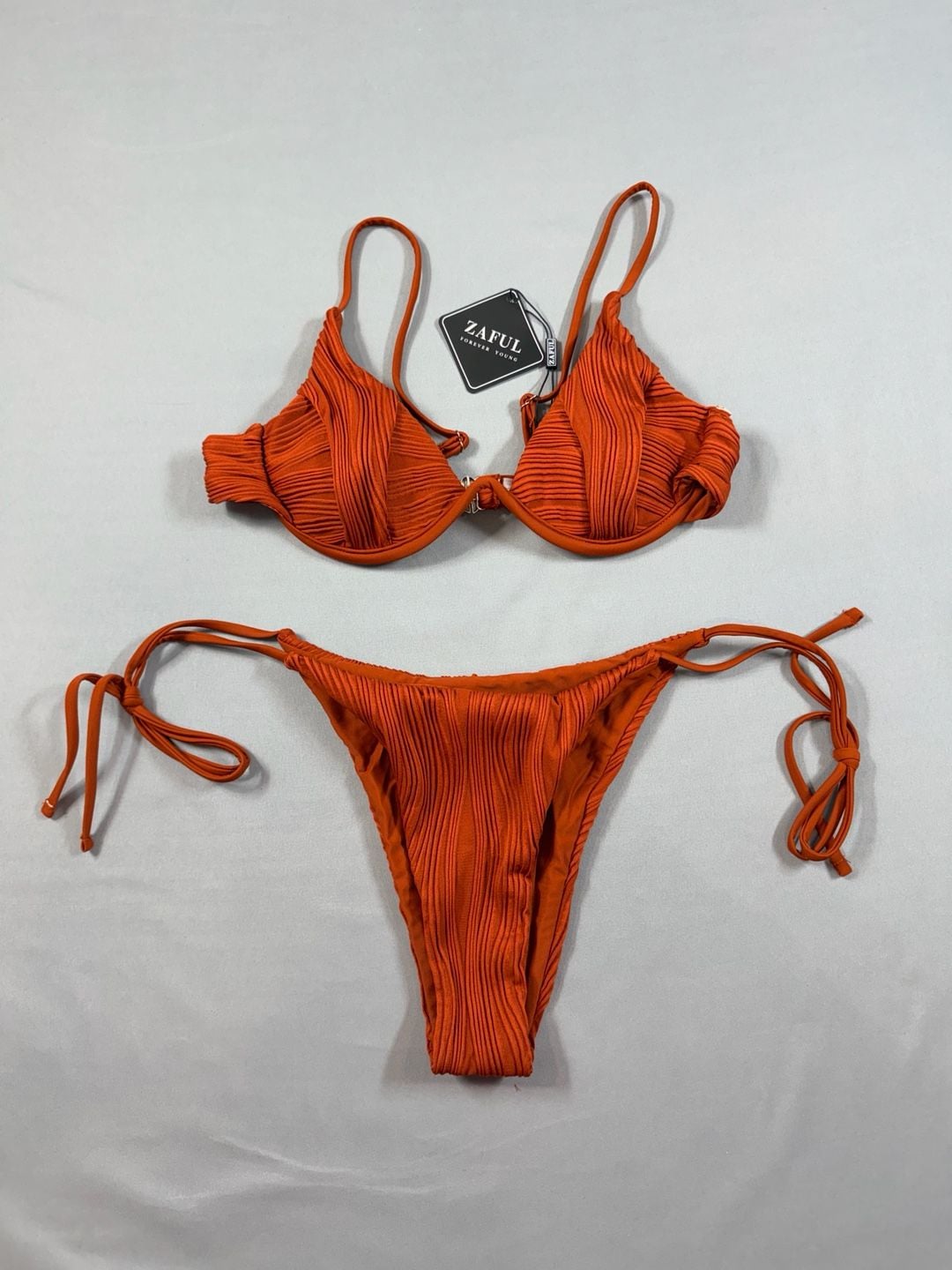 Zaful Ribbed V-Wired Side Tie String Bikini Set 3