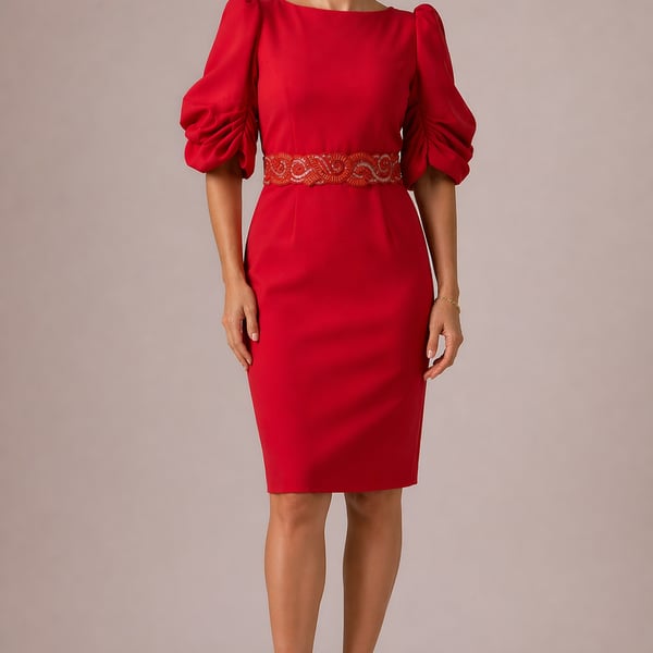 Andrew Gn Red Embellished Puff Sleeve Midi Dress with Beaded Belt Detail Size 42 US L 10