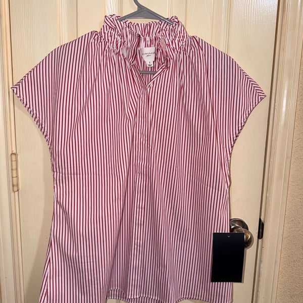 Pomander Place Red and White Stripe Ruffle Collar Short Sleeve Top