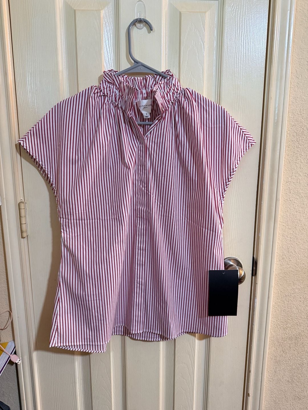 Pomander Place Red and White Stripe Ruffle Collar Short Sleeve Top 4
