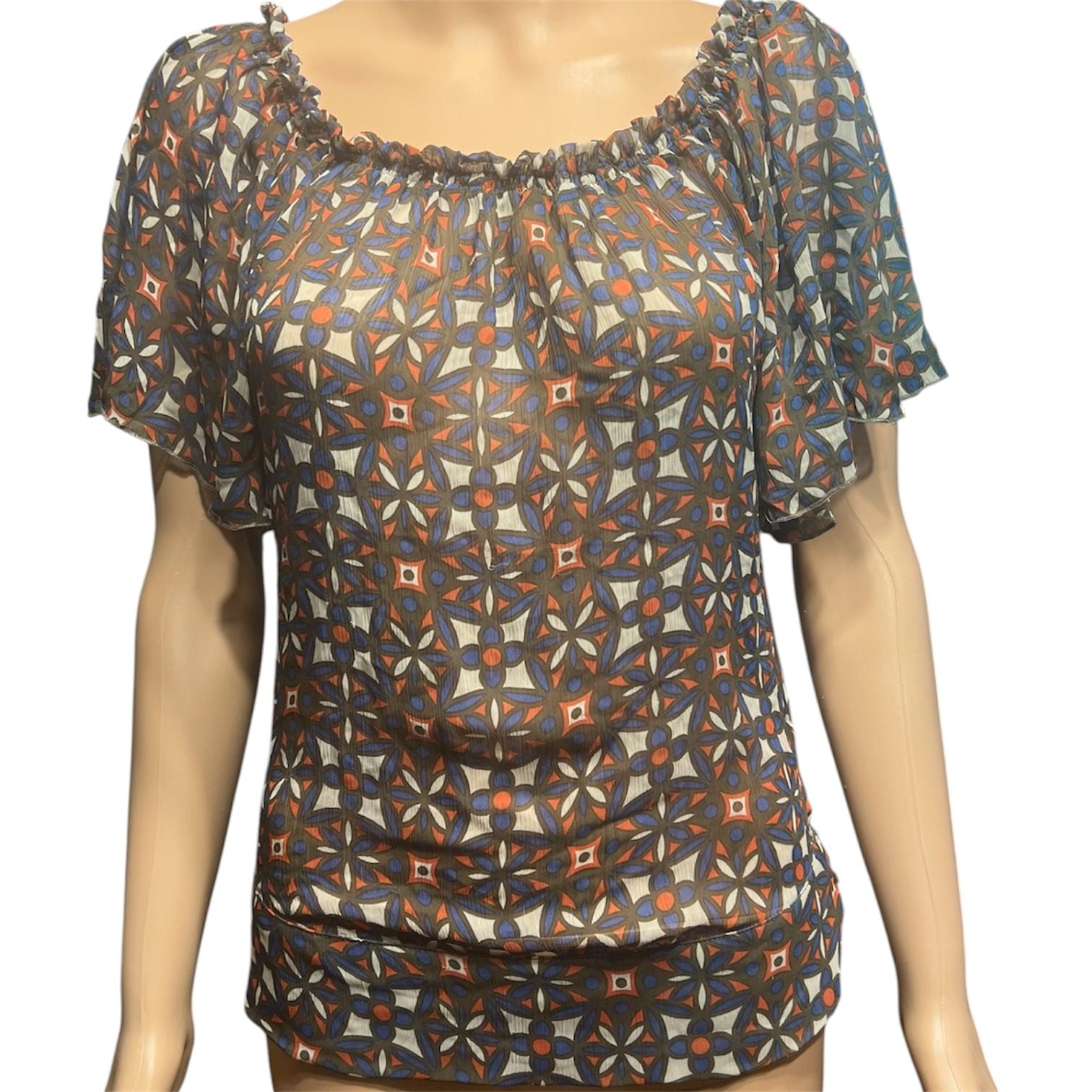 Rampage Geometric Floral Chiffon Peplum Top with Flutter Sleeves 2