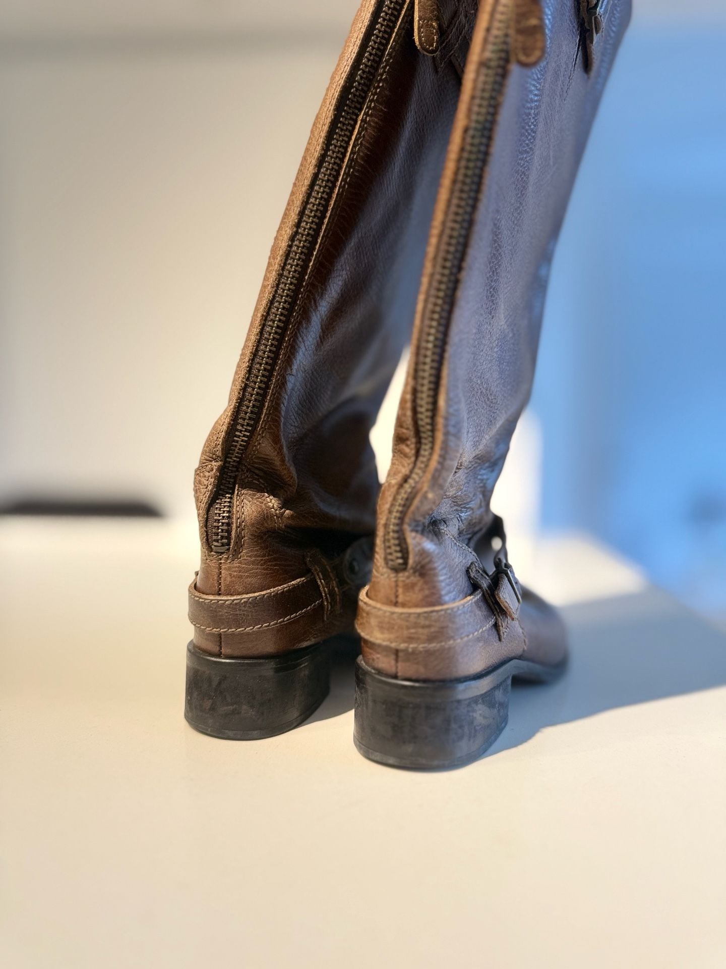 Massimo Dutti Brown Distressed Textured Leather Knee High Riding Boots with Rear Zip and 38EU 7