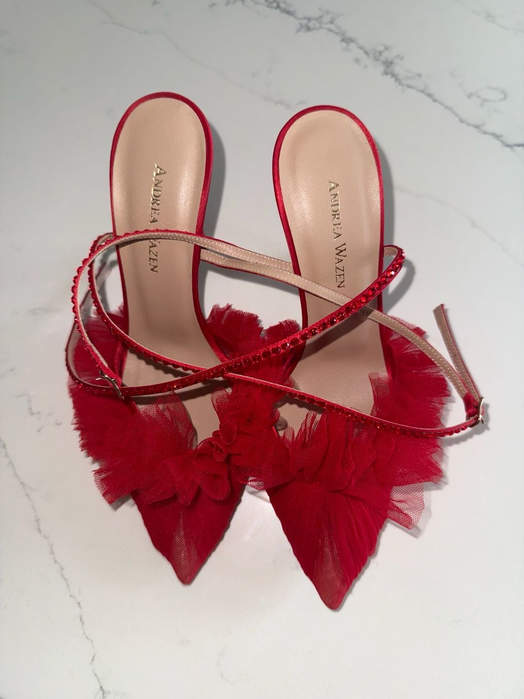 Andrea Wazen Red Tulle Ruffle Stilettos with Swarovski Crystal Straps