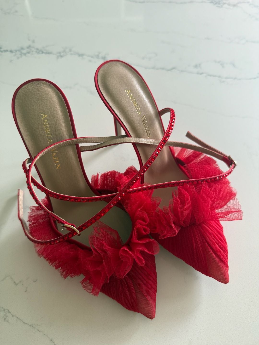 Andrea Wazen Red Tulle Ruffle Stilettos with Swarovski Crystal Straps 7
