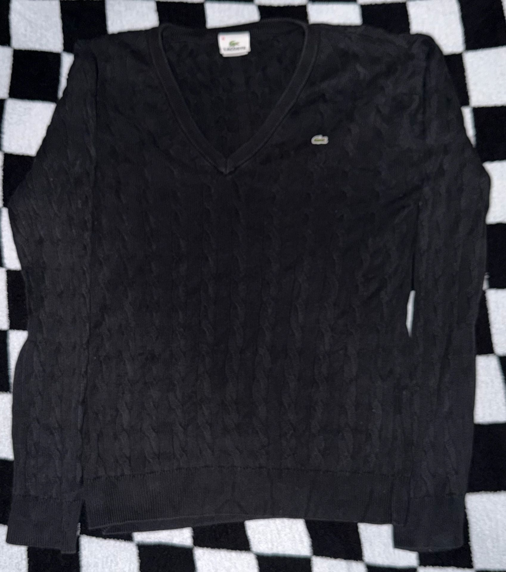 Lacoste Black V-Neck Cable Knit Cotton Sweater 2