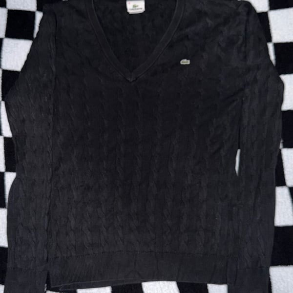 Lacoste Black V-Neck Cable Knit Cotton Sweater