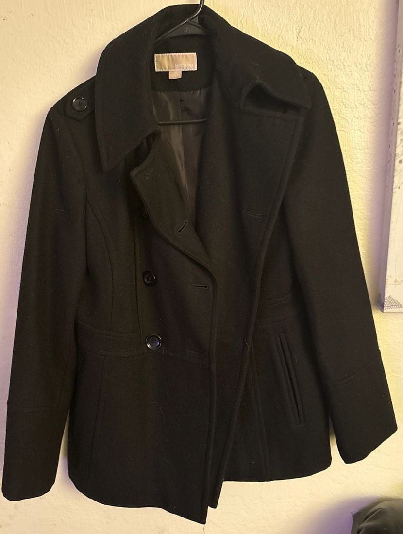 Michael Kors Double Breasted Wool Blend Peacoat in Black 2