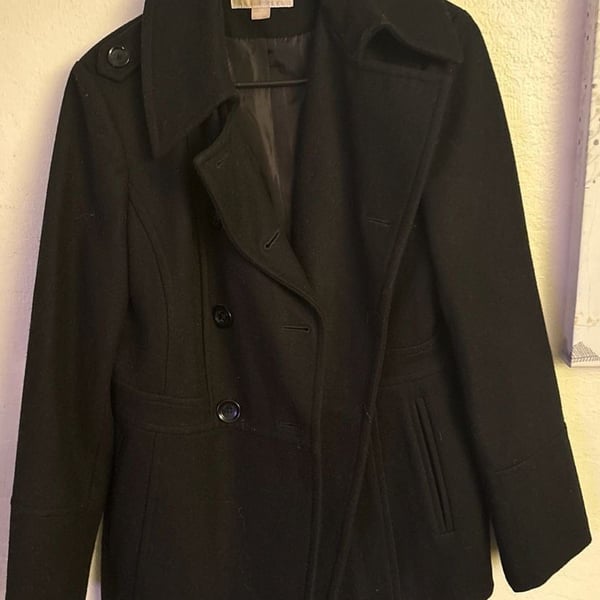 Michael Kors Double Breasted Wool Blend Peacoat in Black