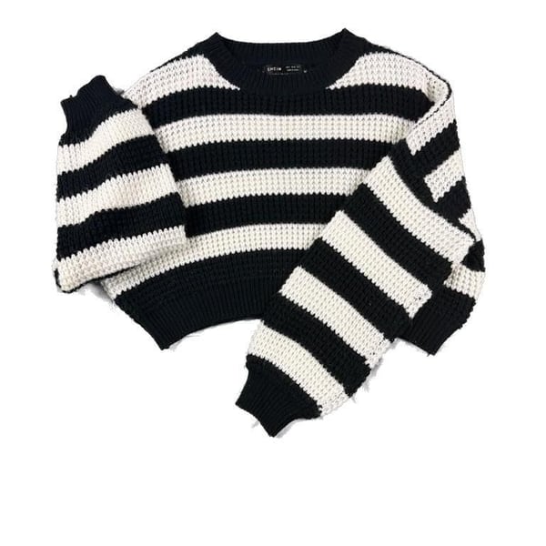 SHEIN Black and White Striped Cropped Knit Sweater