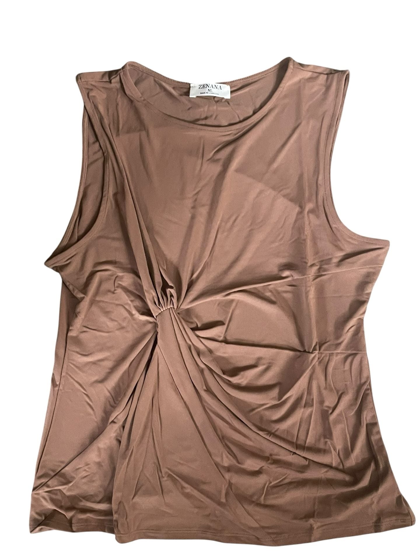 Zenana Front Twist Sleeveless Tank Top in a Deep Camel 2