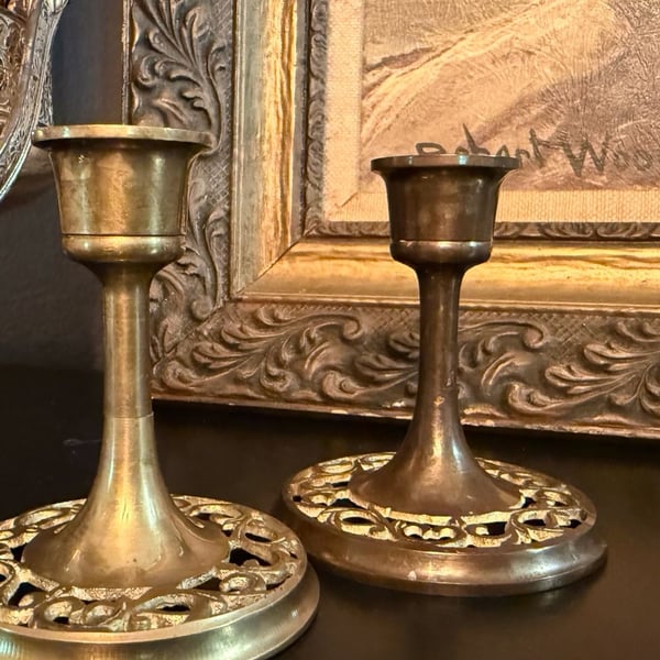 Vintage Pair of Filigree Base Solid Brass Candlestick Holders 4 Inch