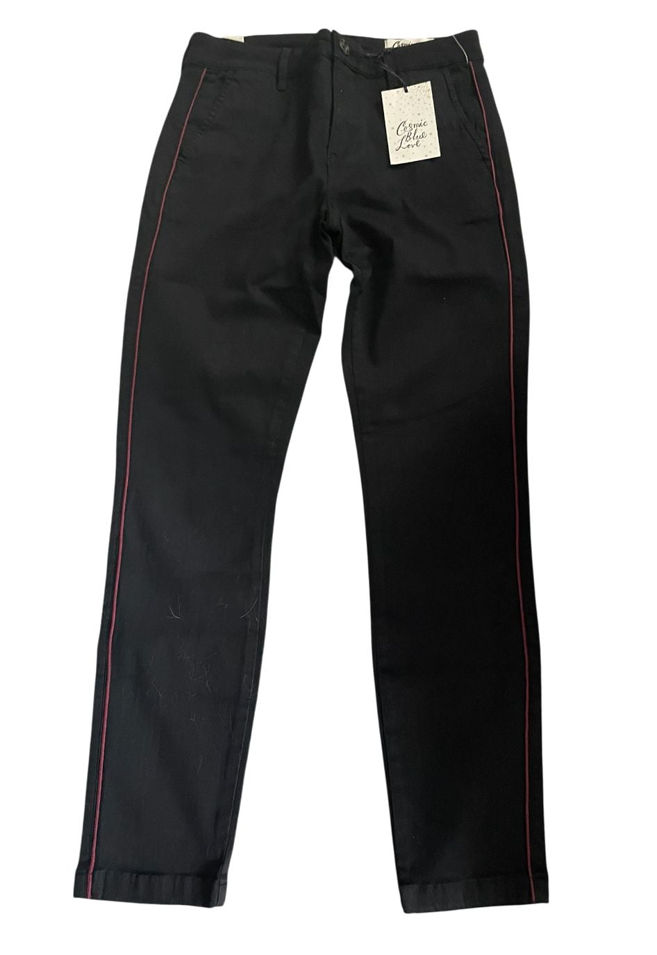 Cosmic Blue Love Black Chino Pants with Red Piping Trim Detail 2