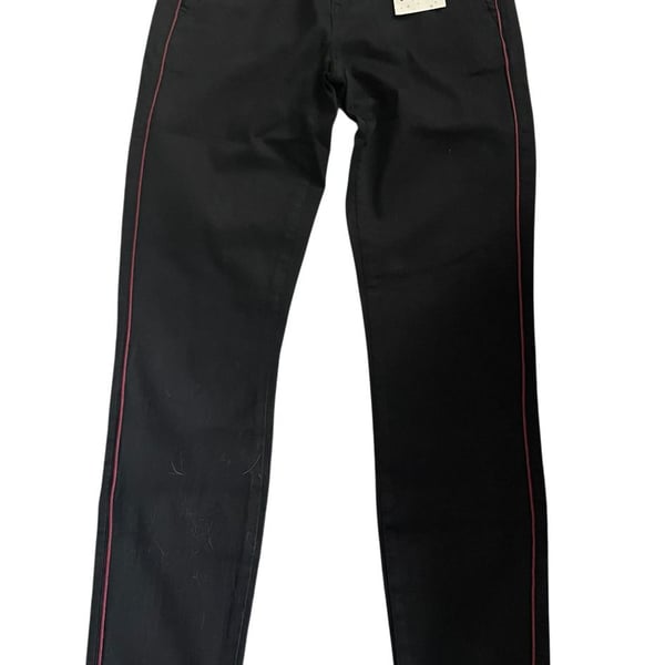 Cosmic Blue Love Black Chino Pants with Red Piping Trim Detail