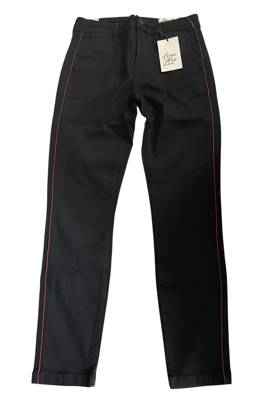 Cosmic Blue Love Black Chino Pants with Red Piping Trim Detail 3