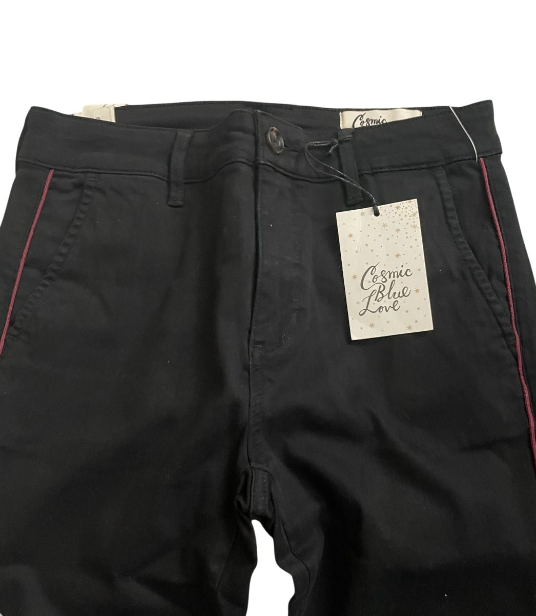 Cosmic Blue Love Black Chino Pants with Red Piping Trim Detail 4