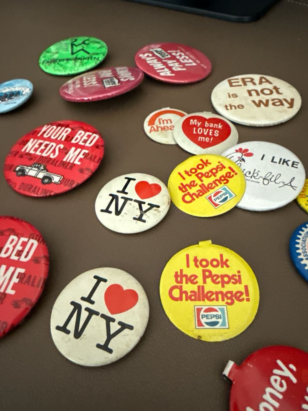 Vintage Pinback Button Lot - I Love NY, Pepsi Challenge, Chick-fil-A, Advertising Pins 1