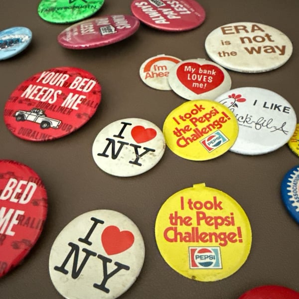 Vintage Pinback Button Lot - I Love NY, Pepsi Challenge, Chick-fil-A, Advertising Pins