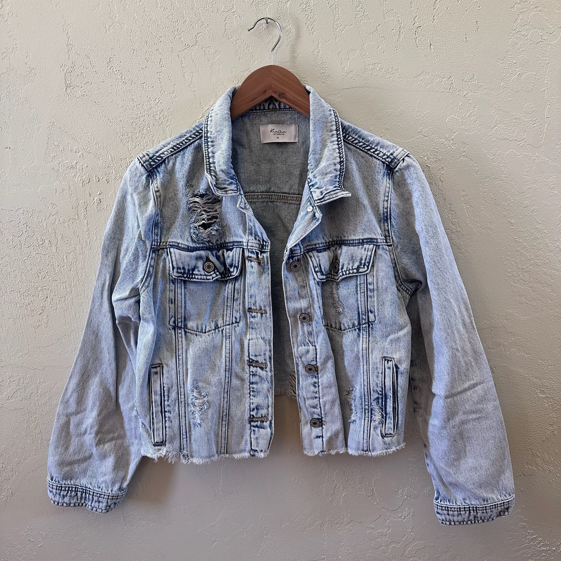 KanCan Distressed Acid Wash Raw Hem Denim Trucker Jacket 2