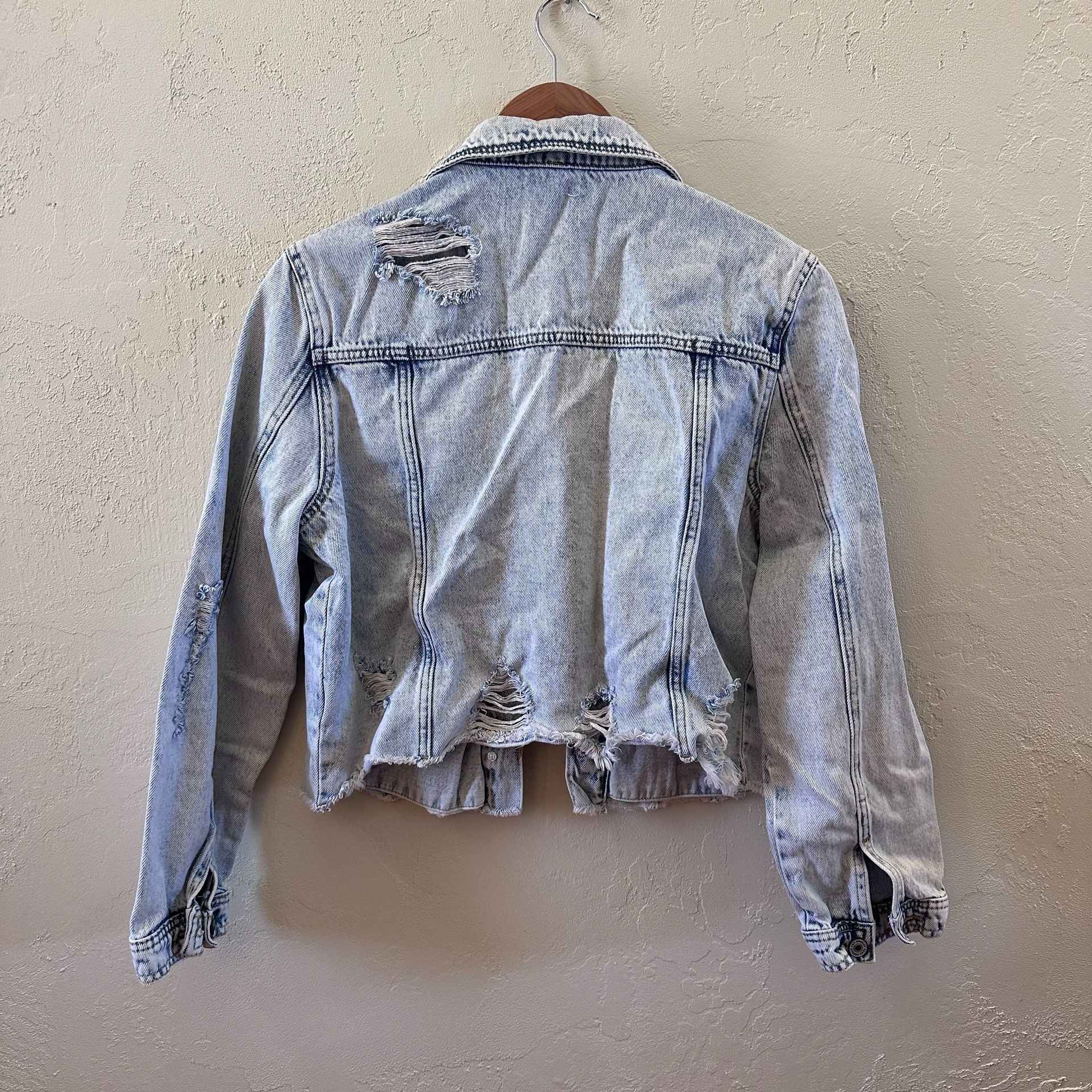 KanCan Distressed Acid Wash Raw Hem Denim Trucker Jacket 5