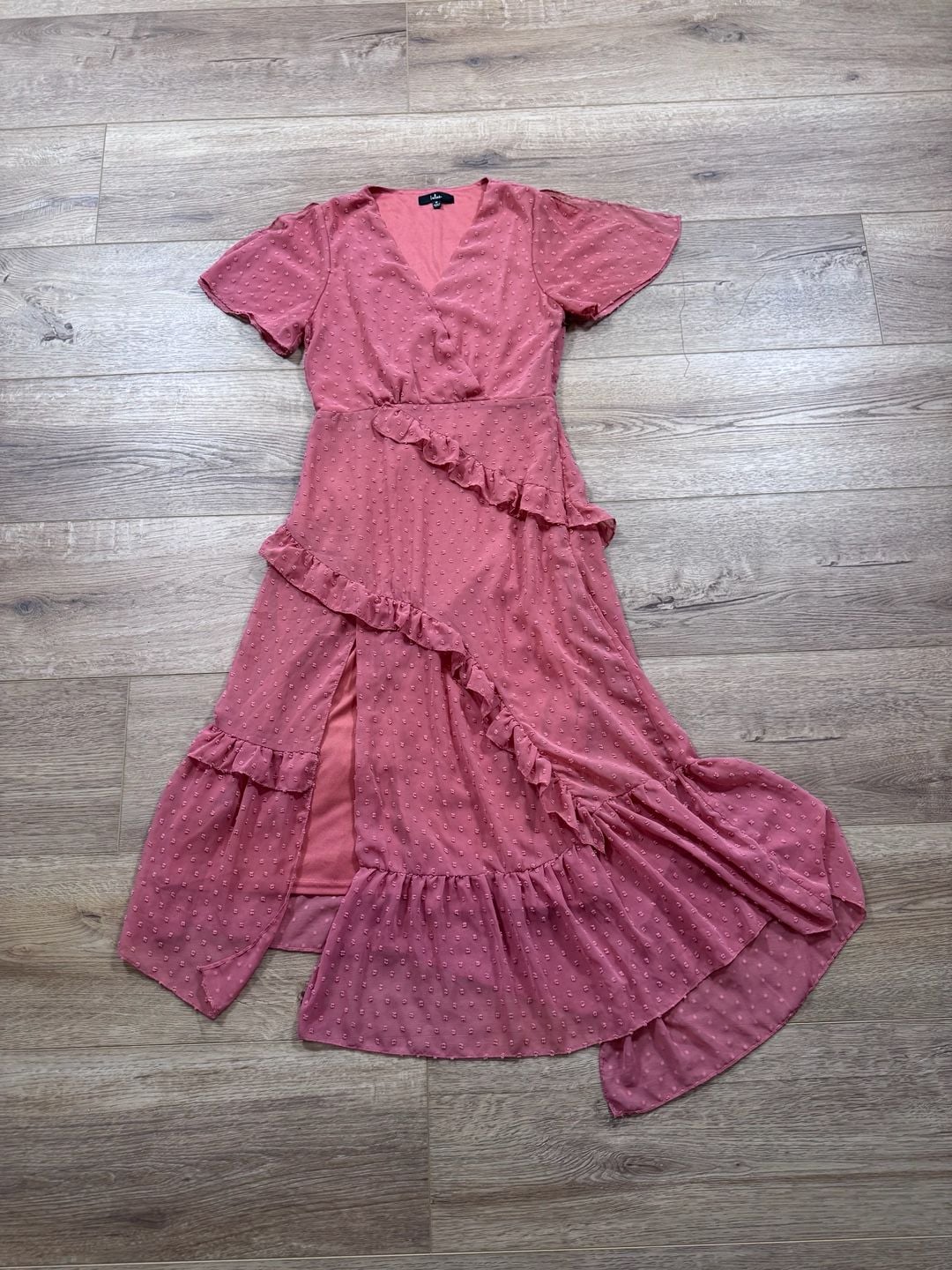 Lulus Dale Rose Pink Swiss Dot Ruffle Asymmetrical Midi Dress Size M
4