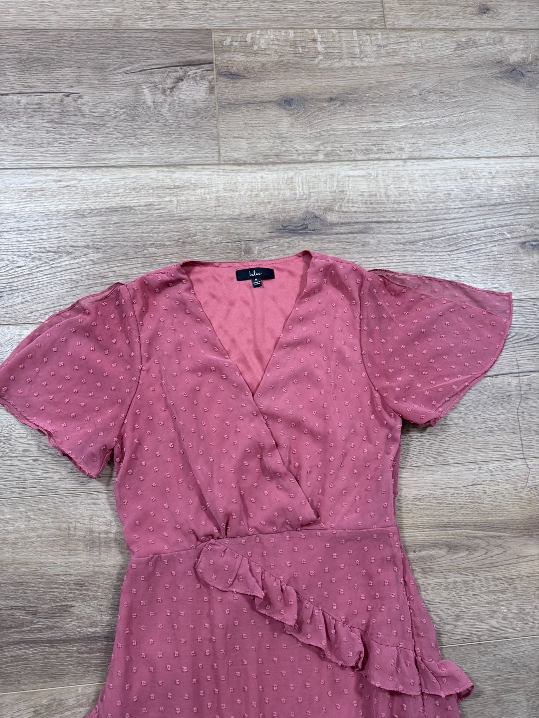 Lulus Dale Rose Pink Swiss Dot Ruffle Asymmetrical Midi Dress Size M
6