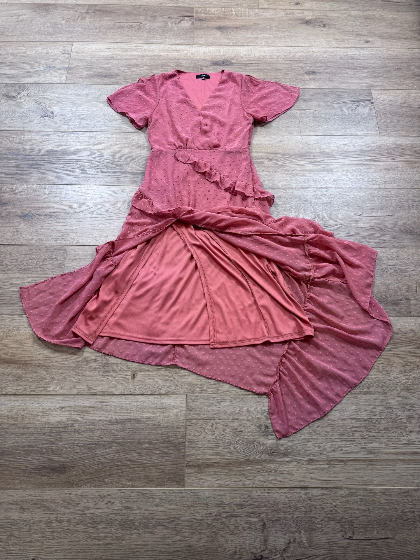Lulus Dale Rose Pink Swiss Dot Ruffle Asymmetrical Midi Dress Size M
7