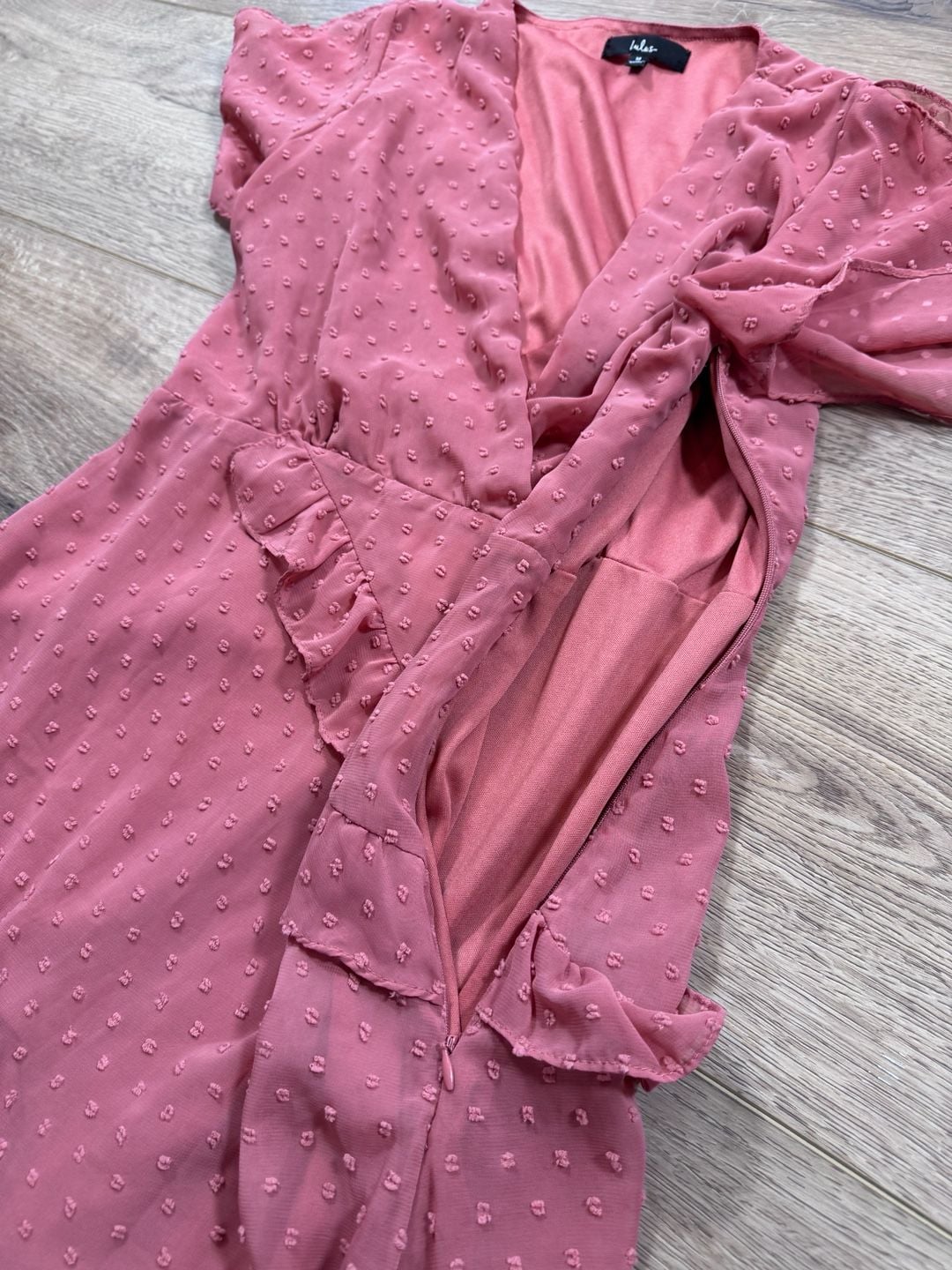 Lulus Dale Rose Pink Swiss Dot Ruffle Asymmetrical Midi Dress Size M
8